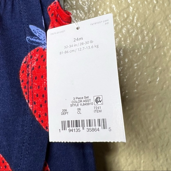 Carter's Red white & Cute Onesie Strawberry Shirt & Striped Shorts 3pc set 24M - Picture 8 of 8